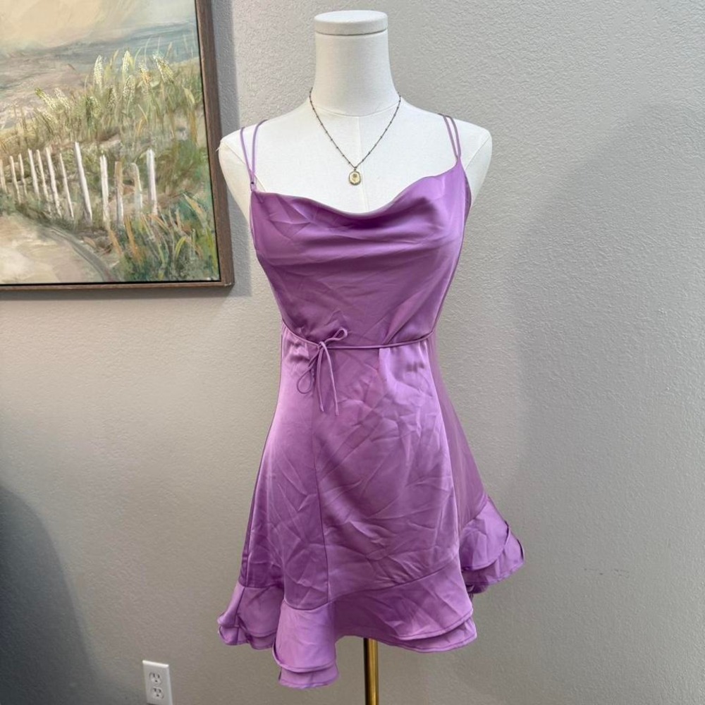 Forever 21 Lilac Satin Slip Dress Cowl‎ Neck Cross Back Ruffle Hem Mini Size S